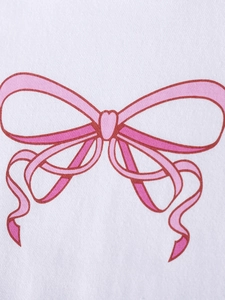Abito bianco da bambina a maniche corte con graziosa stampa a fiocco rosa disegnata a mano
