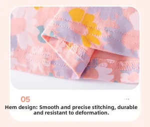 Close-up of floral girls summer dress hem with durable double-needle stitching detail
