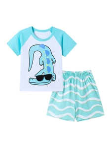 Toddler boys summer cotton set with raglan sleeve alligator tee and wave pattern shorts