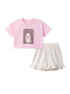 Pink toddler girls' summer cotton set with cartoon rabbit tee and grey ruffled shorts