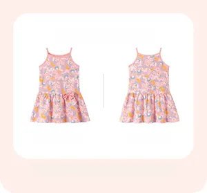 Front and back detail of pink floral summer dress for girls with cute bow and A-line skirt