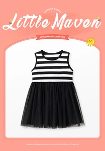 Detail of girls' striped sleeveless dress with multi-layered black tutu skirt for ages 2-7