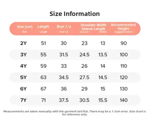 Detailed size chart for girls' summer dress showing measurements from 2Y to 7Y in cm