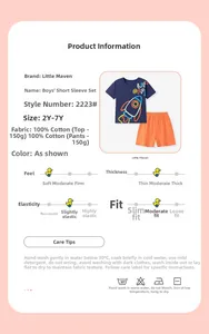 Détails de l'ensemble garçon 100% coton avec t-shirt fusée marine et short orange doux