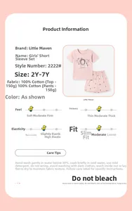 Détails de l'ensemble fille 100% coton rose avec spécifications du tissu et guide des tailles
