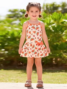 Little Maven Girls Summer Strap Dress Cotton Heart Watermelon Floral Print Bow Decor Sleeveless Sundress For Toddler Kids