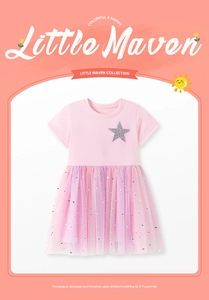 Detail of girls' short-sleeved tutu dress with silver sequin stars and mesh skirt