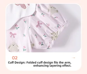Detail of baby girl dress showing elasticated cuffs and sweet bunny floral print