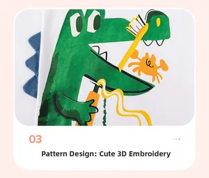 Détail du t-shirt blanc pour enfants avec imprimé crocodile et épines en tissu 3D bleu