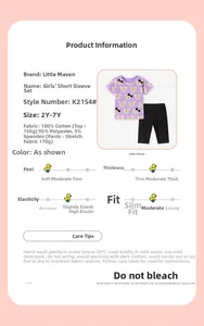 Vue détaillée du t-shirt ours violet et du short pour filles avec spécifications du tissu
