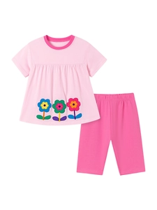 Lindo conjunto de verano de algodón para niñas con camiseta rosa de manga corta y mallas