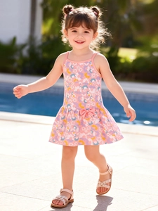 Pink floral summer toddler girl sleeveless dress with a bow detail and A-line skirt