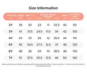 Detailed size chart for girls' summer short sleeve set with measurements for ages 2Y to 7Y