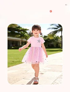 Pink short sleeve dress for girls with glitter star patch and layered mesh tutu skirt