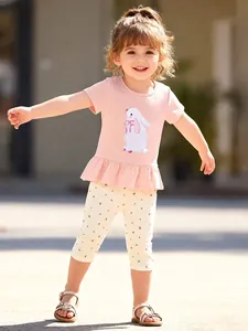 Mädchen Sommer Bekleidungsset Rosa Hase Applikation Rüschenärmel Top Und Kirschdruck Hose Baumwollmischung Outfit