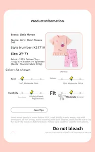 Detailed size chart and fabric specs for girls' cotton mouse print t-shirt and heart pants set
