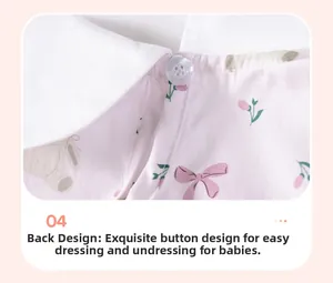 Close-up of baby girl dress back collar with transparent button and floral fabric