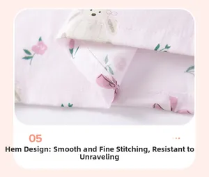 Detailed view of the neat hemline stitching on floral rabbit pattern cotton dress