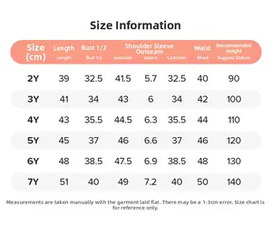 Detailed size chart for kids cartoon summer set showing length and bust in cm