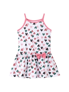 Girls summer sleeveless cotton dress with heart print and pink bow detail