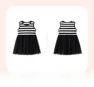 Front and back view of a sleeveless striped girls dress with black tutu mesh skirt