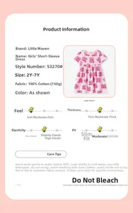 Tableau des tailles détaillé et fiche matière 100 % coton pour robe de fille à cerises