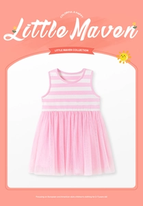 Detail of pink striped sleeveless bodice and layered tulle skirt for toddler girls
