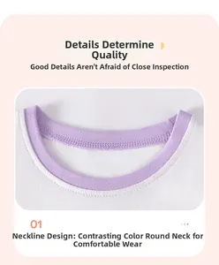 Close-up of girls' summer t-shirt collar featuring purple contrast round neck design