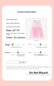 Size chart and fabric details of sleeveless striped cotton dress with pink mesh skirt
