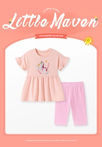 Close-up of pink girls' summer set featuring embroidered unicorn and star detail