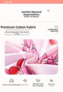 Détail du tissu en coton rose avec motifs cerises, texture douce et étiquette 100 % coton