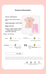 Detail of pink cotton girl's outfit with unicorn print and fabric composition data