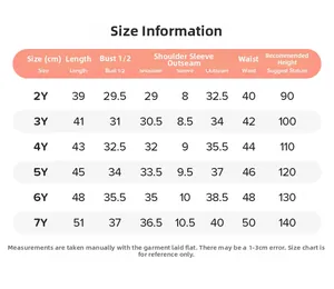 Detailed size chart for girls' cat stripe summer set ranging from 2Y to 7Y measurements