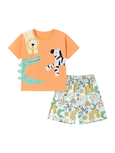 Set estivo per bambini con maglietta arancione con animali e pantaloncini stampati