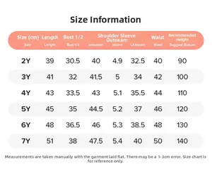 Size chart for girls summer cartoon set with detailed age measurements from 2Y to 7Y
