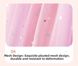 Detail of pink mesh fabric with silver stars and pleated texture for princess dress