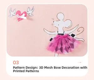 Detail view of pink cotton tee with 3D tulle skirt and ribbon bow mouse design