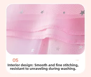 Detail of pink mesh dress lining with silver star and moon print and fine stitching