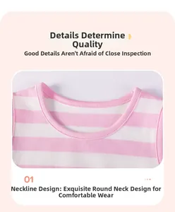 Close-up of the delicate round neckline on a pink and white striped cotton knit dress