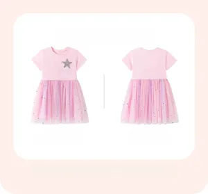 Front and back view of girls' pink summer dress with silver stars and sequined mesh skirt