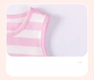 Detail of pink and white striped sleeveless baby dress with round neck and neat stitching