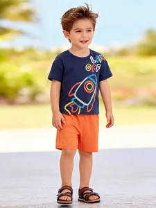 Ensemble de Vêtements d'Été pour Garçons en Coton T-Shirt à Manches Courtes et Short Tenue Deux Pièces Fusée de Dessin Animé