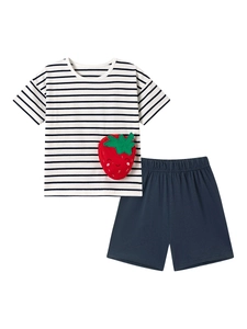 Girls summer striped cotton t-shirt and navy shorts set with red strawberry applique