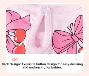 Détail de l'encolure dos d'une robe rose pour bébé avec imprimé cerise et bouton