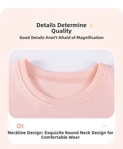 Close-up of the reinforced round neckline on a pink cotton cartoon t-shirt for girls