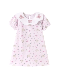 Pink short sleeve dress for girls with white Peter Pan collar and bear floral print