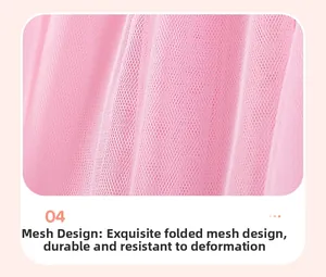 Detail view of pink ruffled tulle fabric showing honeycomb mesh pattern and texture