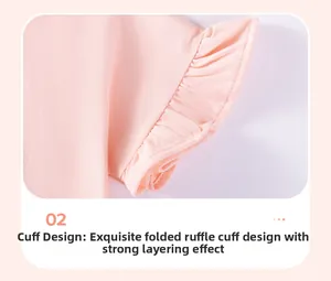 Detail of pink cotton girl's sleeve featuring delicate ruffle and smocking design
