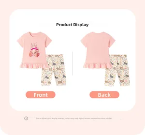 Ensemble t-shirt rose chat pour filles et pantalon à motifs vue de face et de dos à plat