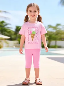 T-Shirt Et Short En Coton D'Été Pour Filles Mignon Glace Décor Fleur 3D Haut À Manches Courtes Pantalon Pull Enfant